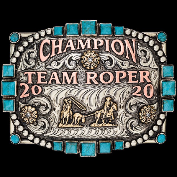 The Vegas Custom Belt Buckle features 20 simulated Turquoise stones on a high quality german silver base decorated with scrollwork and 3 flower figures. Personalize this turquoise buckle today!